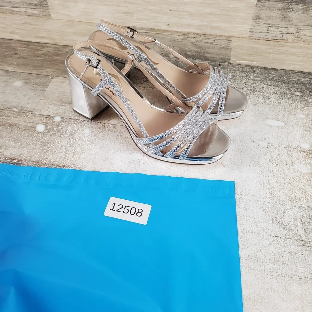 Nina Blanche Womens Sandals Sz 7.5 M Silver Rhinestone Slingback Block Heel